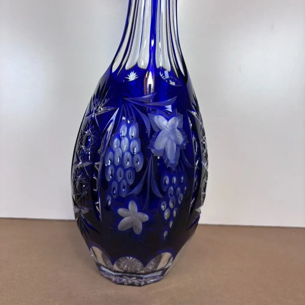 Tall Cobalt Blue Cut to Clear Crystal Decanter w/ Stopper 15” Bohemian Vintage
